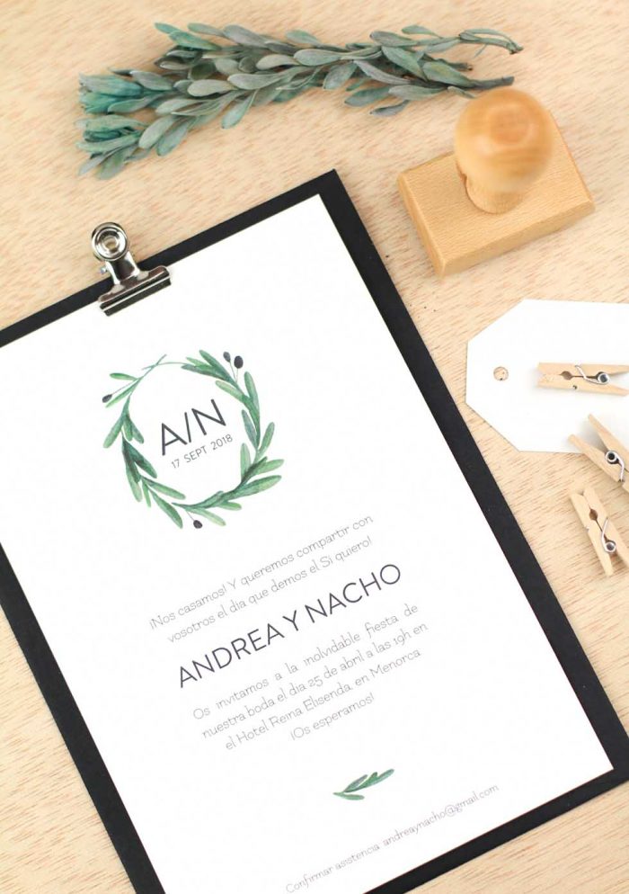 Invitaciones de boda rusticas acuarela de olivos